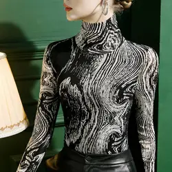 Women's Autumn/Winter Long Sleeve Turtleneck Stretch Mesh T-Shirts Slim Fit Basic Printed Bottoming Shirts Harajuku Pullover Top