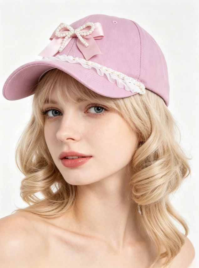 

Sweet Cool Pearl Lace Bow Lolita Baseball Cap Summer Vintage Wide Brim Sunshade Peaked Cap Denim Hats Apparel Accessories Women