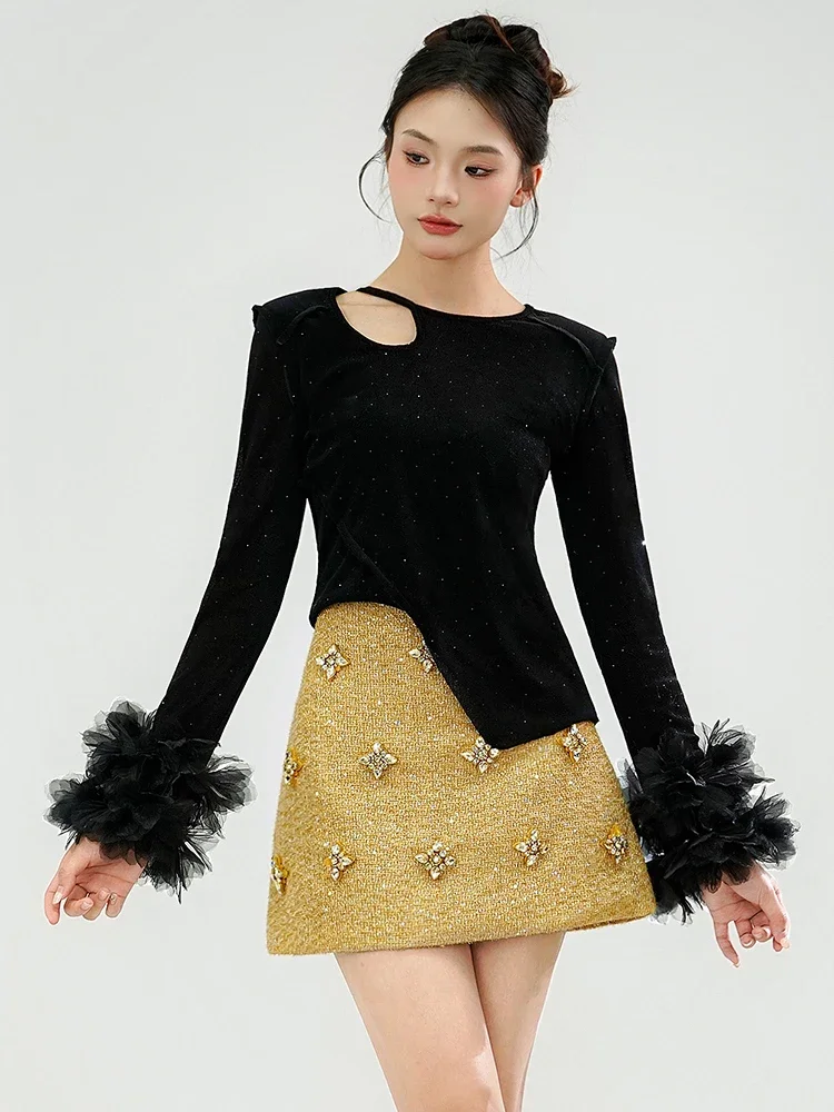 LEOSOXS Celebrity Temperament Black Woolen Skirt Winter New Hand-sewn Nail Drill Design Waist Thin Hip A-line Short Tweed Skirt