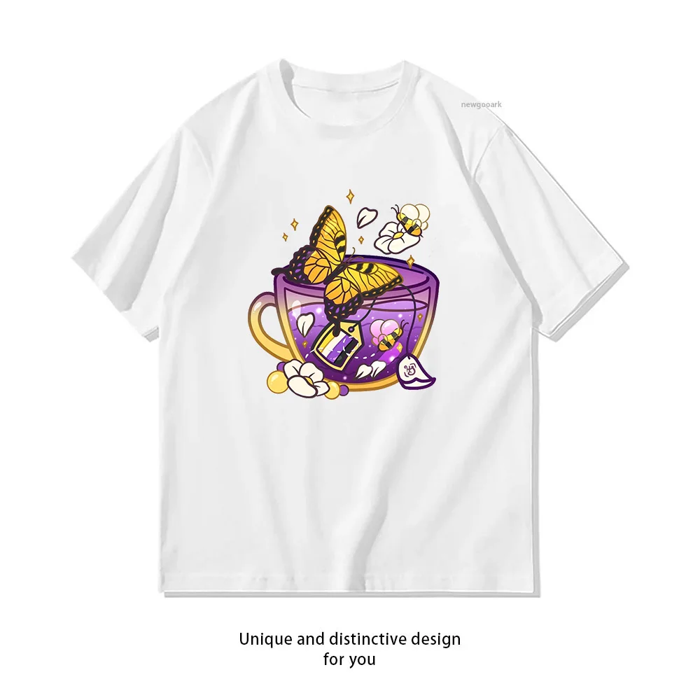 Pride Flag Teacup Butterfly Non-Binary T-shirt woman man Casual cotton summer printed t shirts Adult streetwear camisetas