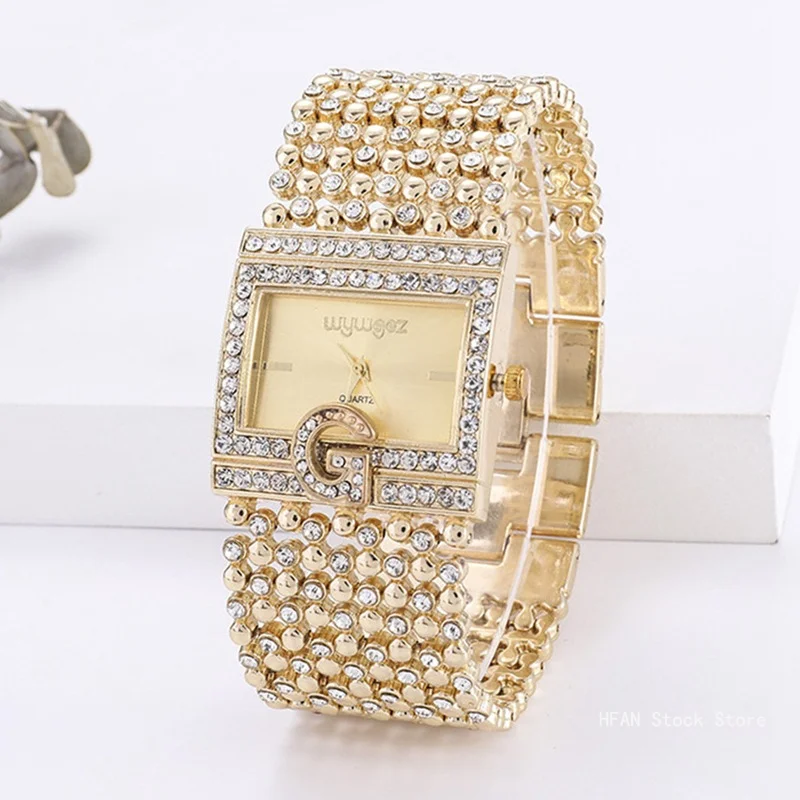 2024 Brand Luxury Casual Women Square Full Diamond Bracelet Watch Analog Quartz Movement Wrist Watch Watches Ladies Watch