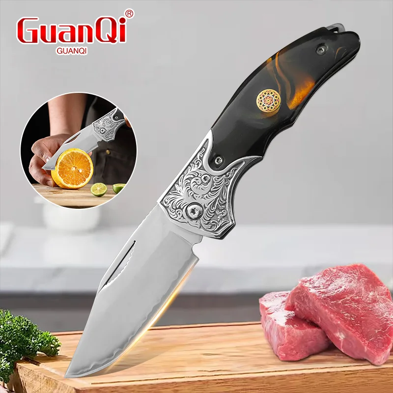 Faca dobrável de bolso portátil, cabo de resina, três em um, aço, cutelo de carne, faca de chef de cozinha e faca de descascar frutas domésticas