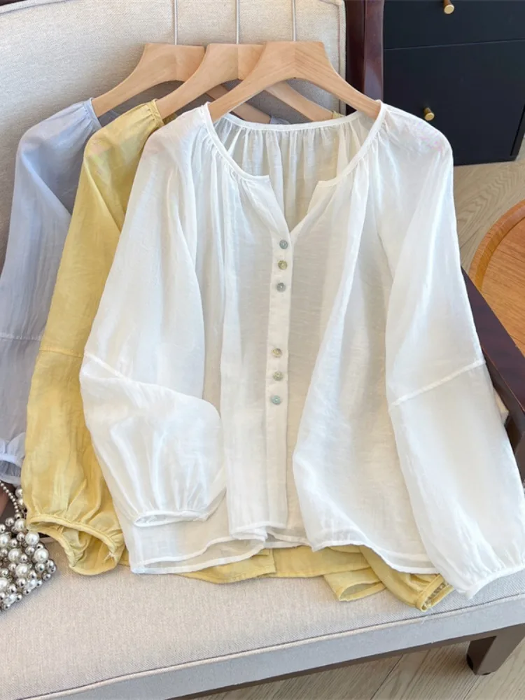 

White Long Sve Lantern Sve irt Women's Summer New Large Size Loose Linen Top Sun Protection Simple Sle Cotton Blend