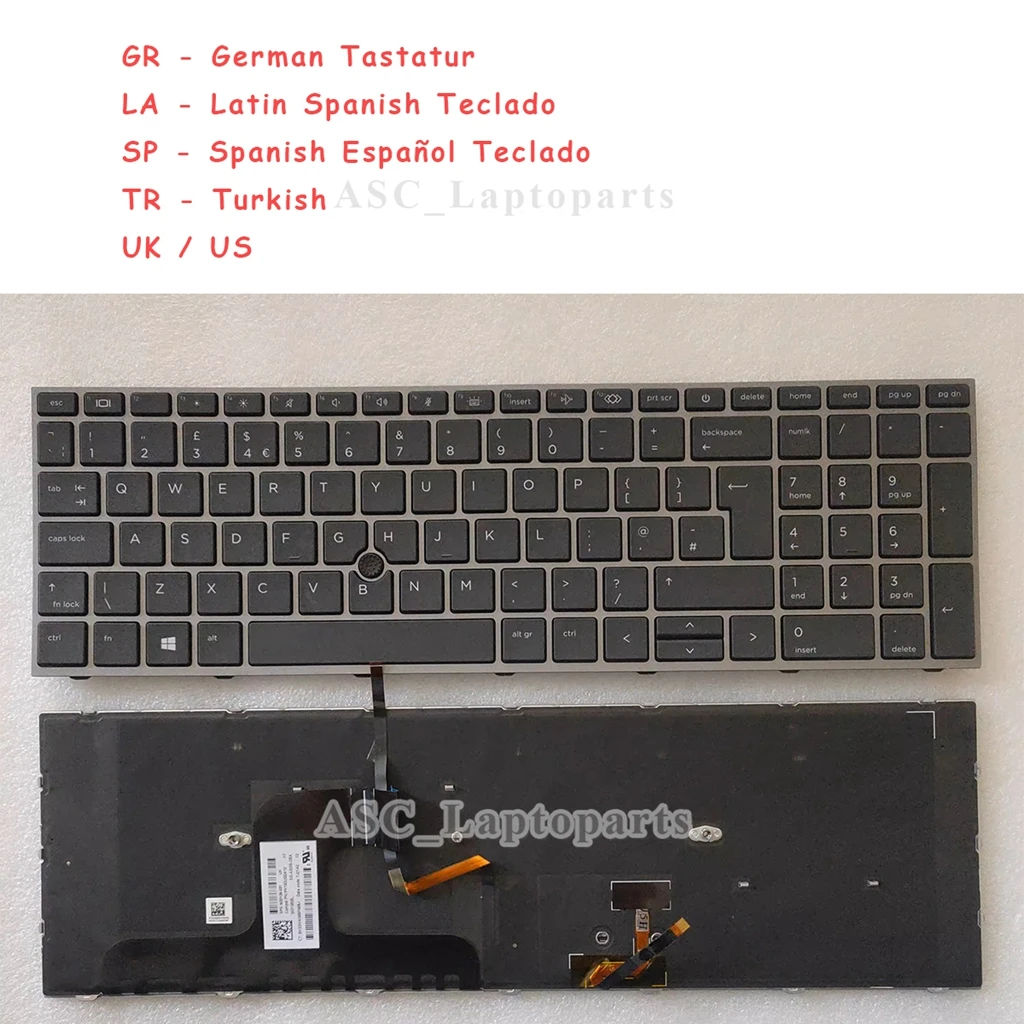 New Latin Spanish , German , Turkish , UK , US Keyboard for HP ZBook Fury 17 G7 / 17 G8 17.3 Silver Frame Black , BACKLIT ,Point