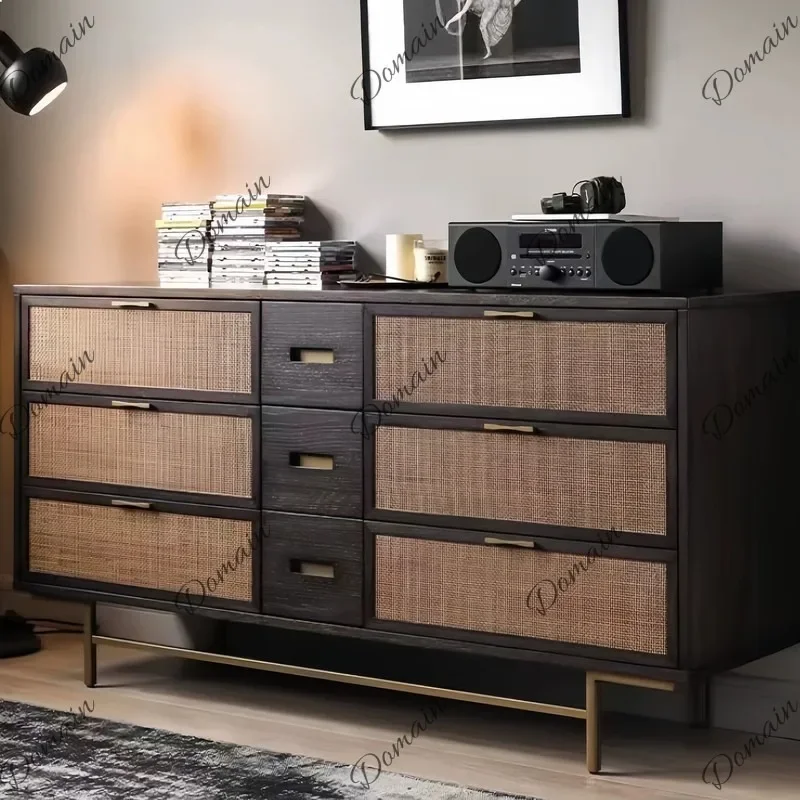 Mid-Century Modern Solid Wood Nightstand Dresser with Woven Rattan Door, Walnut Finish Storage Cabinet for Bedroom