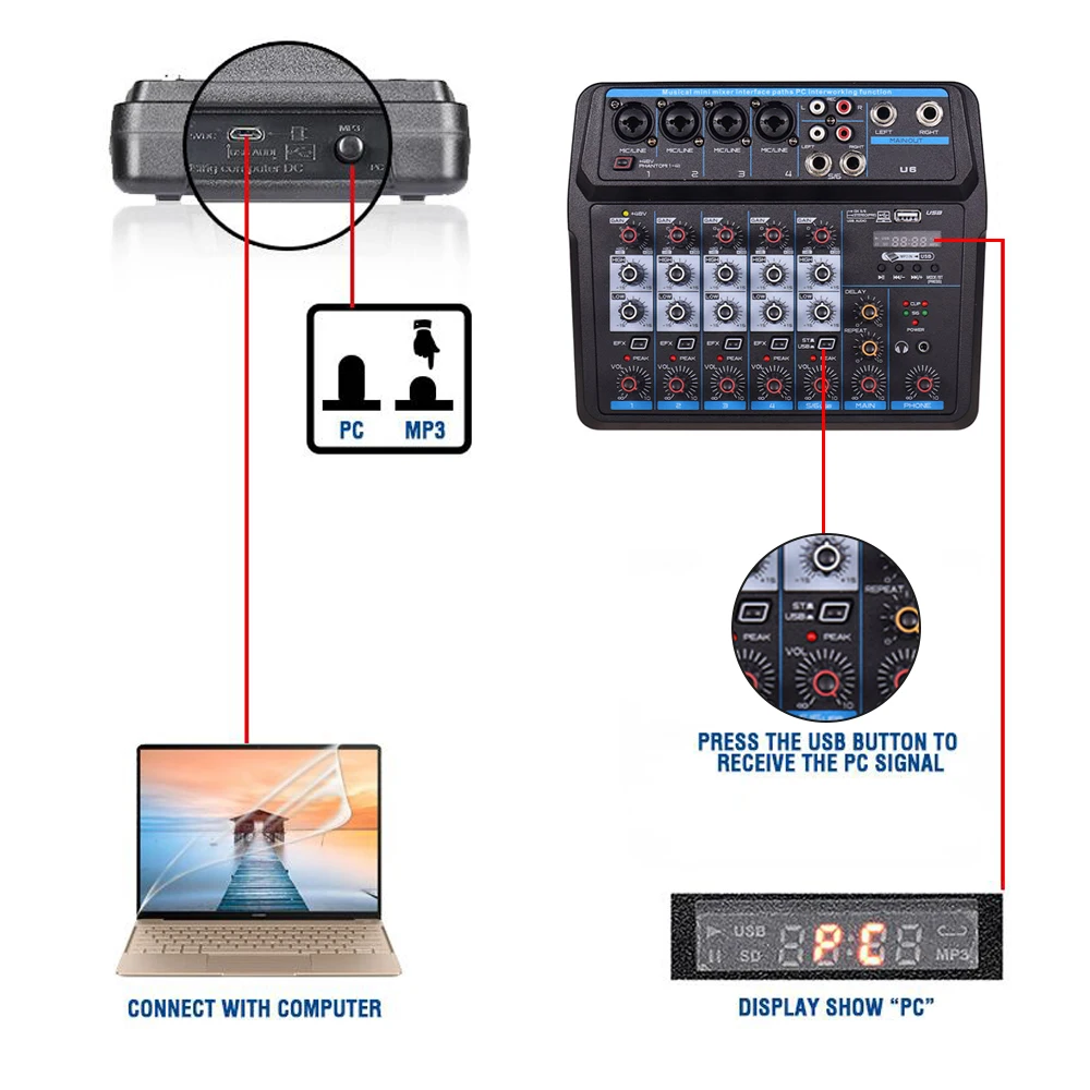 U6 Musical Mini Mixer 6 Channels Audio Mixers BT USB Mixing Console with Sound Card Built-in 48V Phantom Power EU Plug