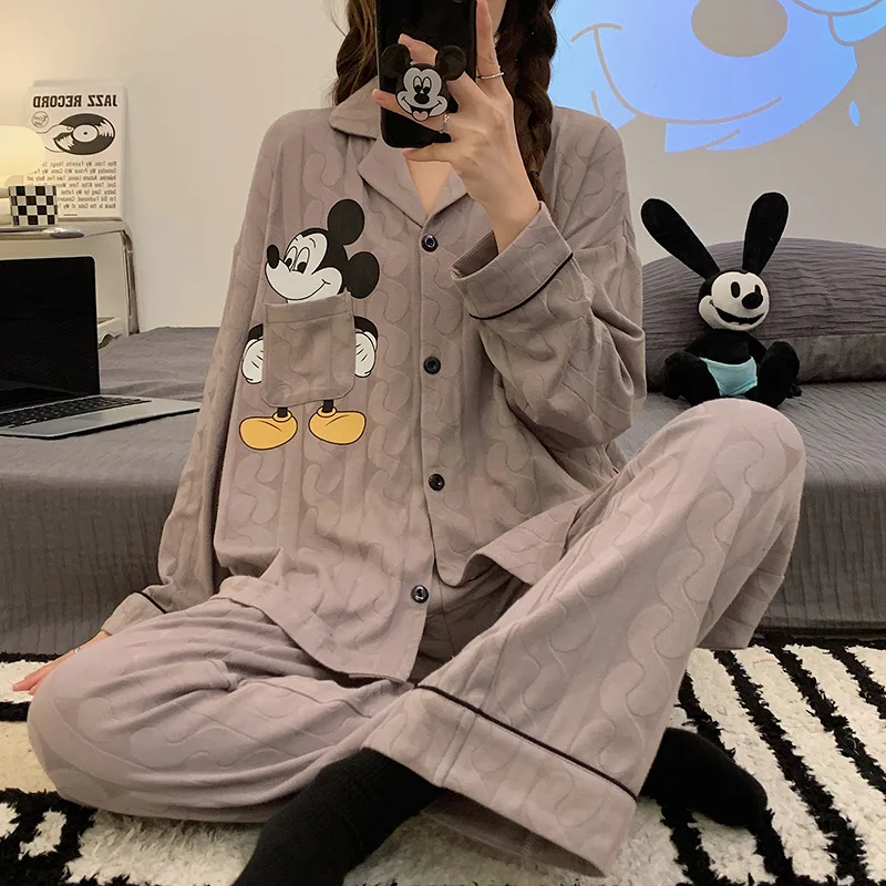 Disney Mickey Mouse Autumn Cotton Cartoon Long Sleeve Pants Two-piece Loungewear Women\'s Pajamas Silk Pajamas Women\'s