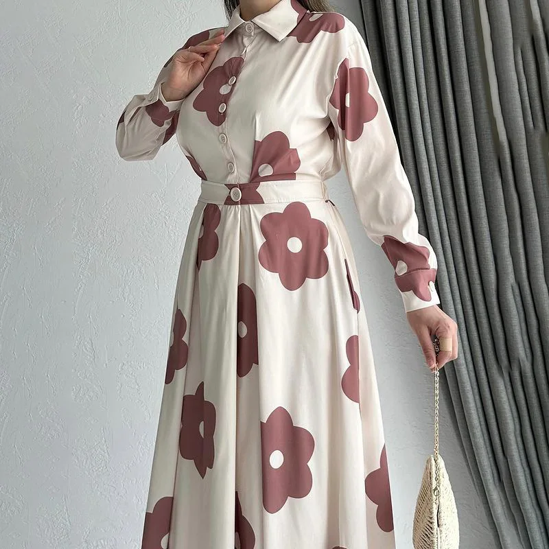 แฟชั่นสไตล์พร็อพปกพิมพ์เสื้อชุดหรูหราแขนยาวเอวสูงกระโปรงบางขนาดใหญ่ลําลองหลวมผู้หญิงแต่งตัว