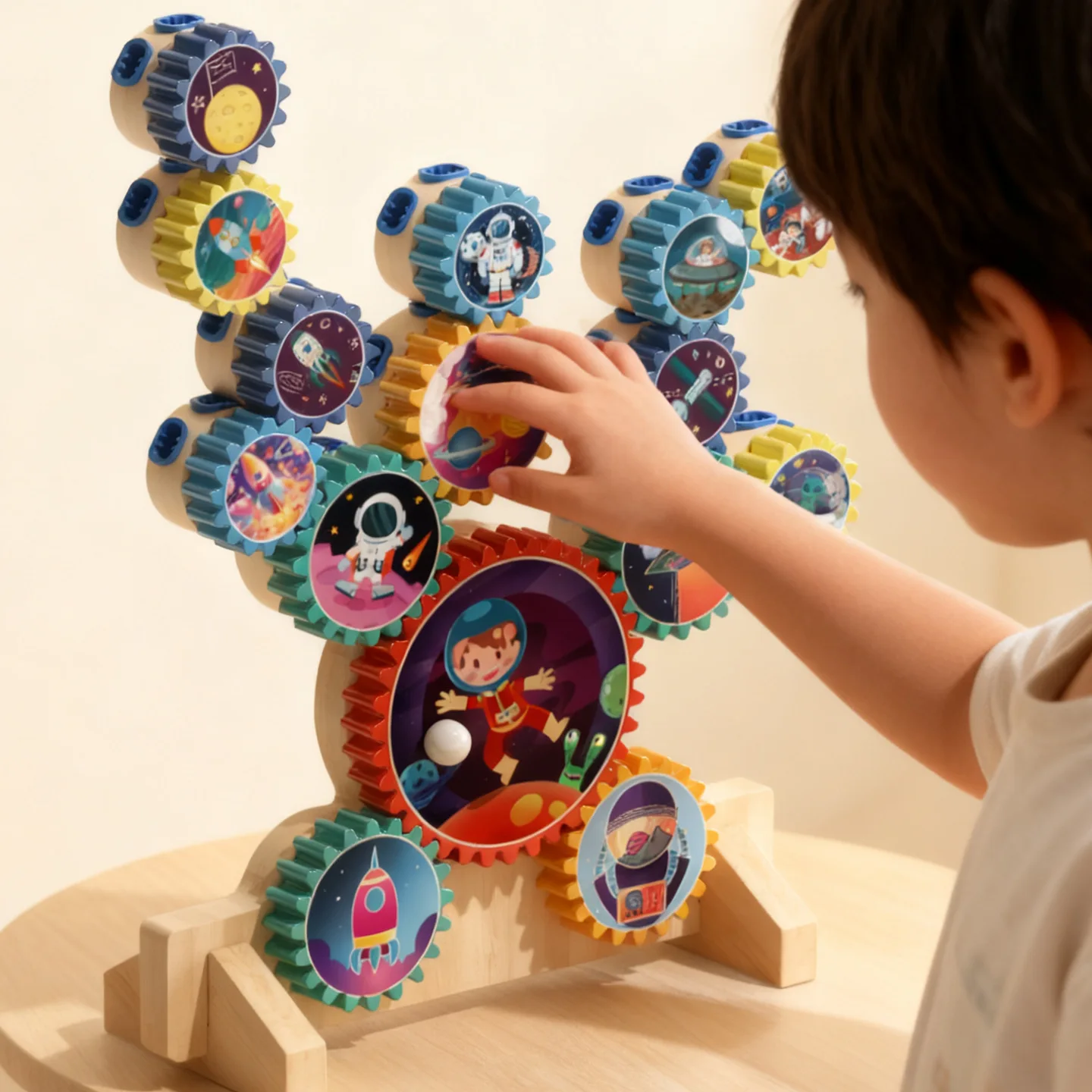 ของเล่นเกียร์หมุน DIY - ชุดบล็อกสร้างสรรค์ธีมอวกาศ ชุดเกียร์เชื่อมต่อสำหรับเด็ก ของเล่นปริศนาประกอบหมุนได้เพื่อการศึกษา