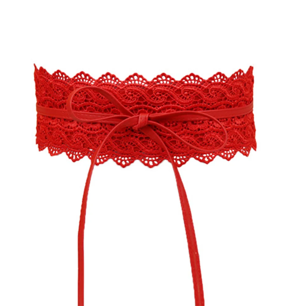 

Women'S Lace Waist Belt Wide Adjustable Corset Belt Faux Pu Bowknot Tie For Dress Accessory (Red)