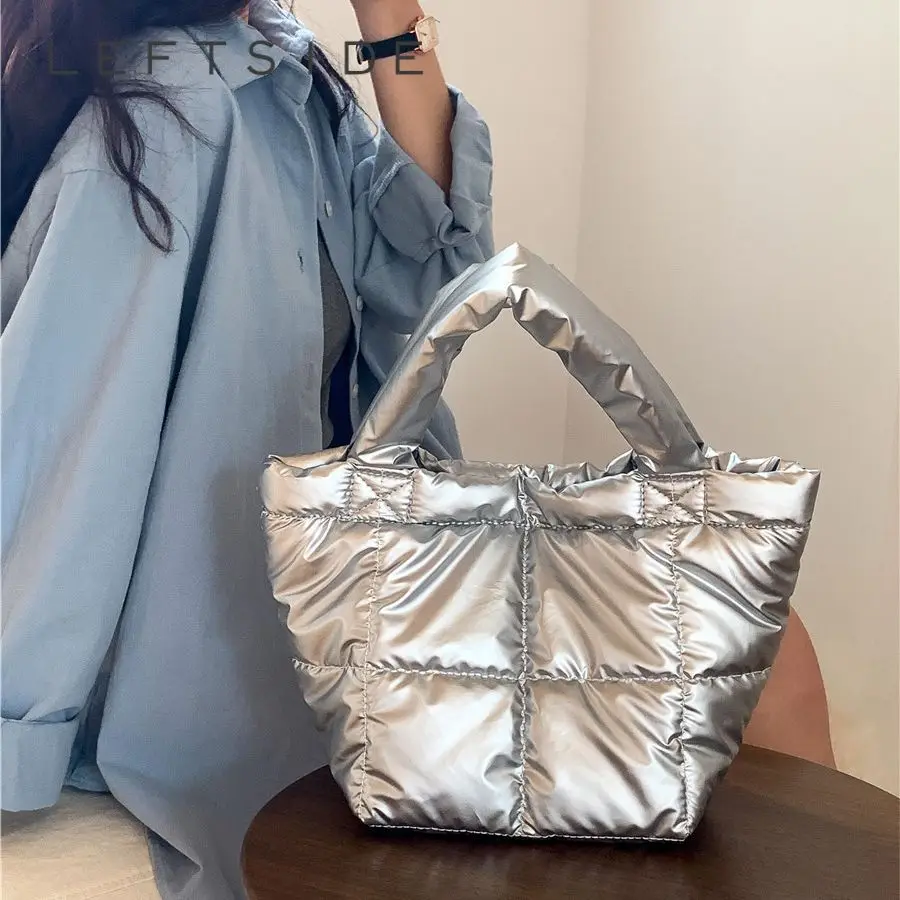 LEFTSIDE Silver Small Casual Quilted PU Shoulder Bag for Women 2023 New Trendy Korean Fashion Handbags Designer Padded Tote Bag