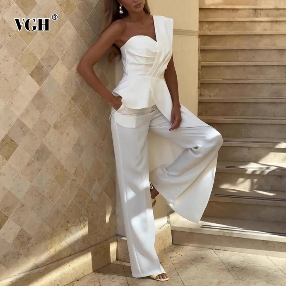 

VGH однотонные дизайнерские комплекты из двух предметов для женщин с квадратным воротником и одним рукавом, топ с высокой талией, брюки, повседневный комплект, женский стиль