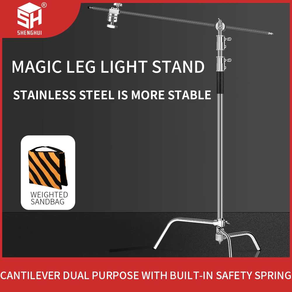 C-Stand Photography Stand Stainless Steel with Hold Arm and Grip Head Upgraded Max Height 260cm with One Adjustable Magical Leg