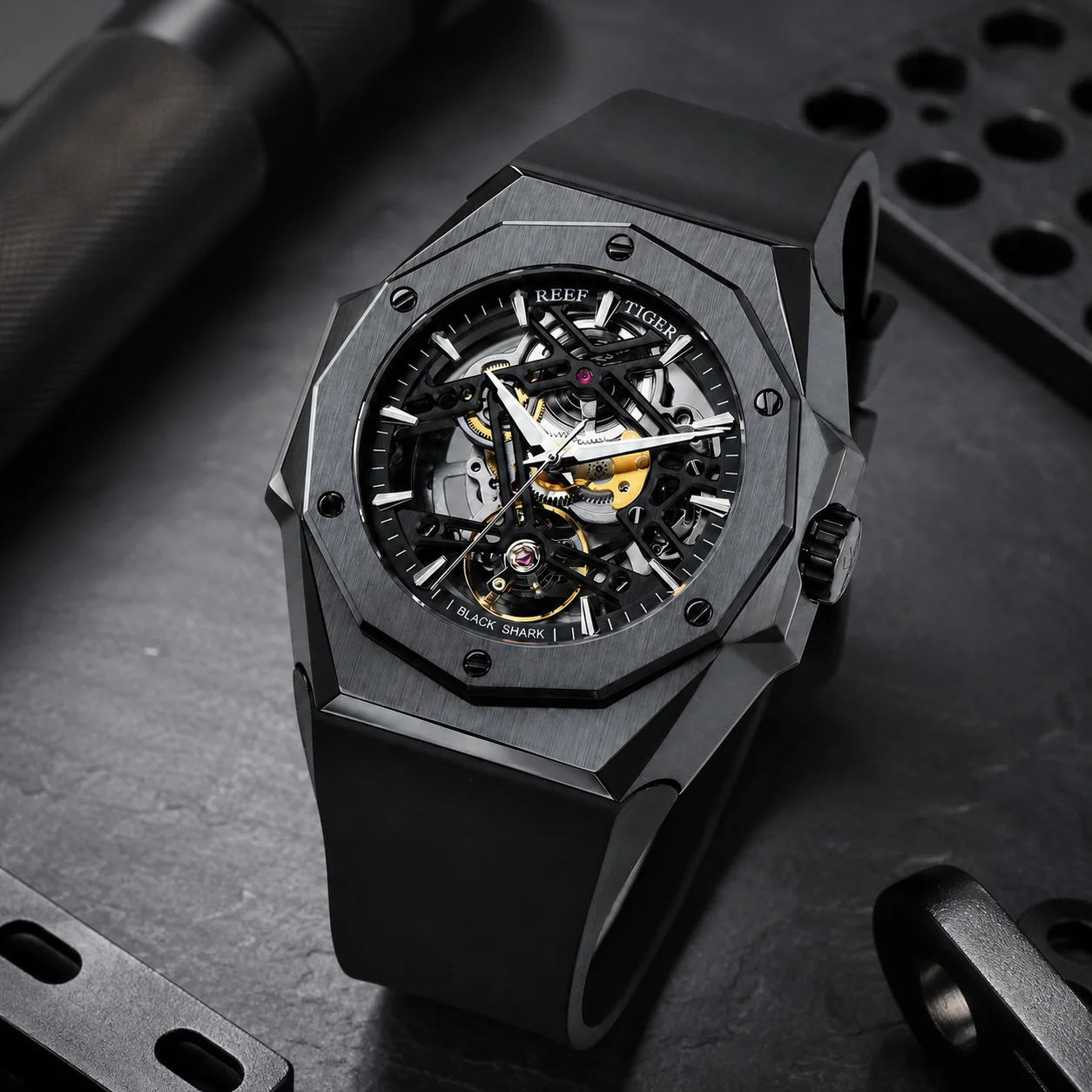 Reef Tiger RT Men's Large-Dial Skeleton Mechanic Watch Multi-Layer 50m Waterproof Automatic Rubber Band Sport Watch RGA6919