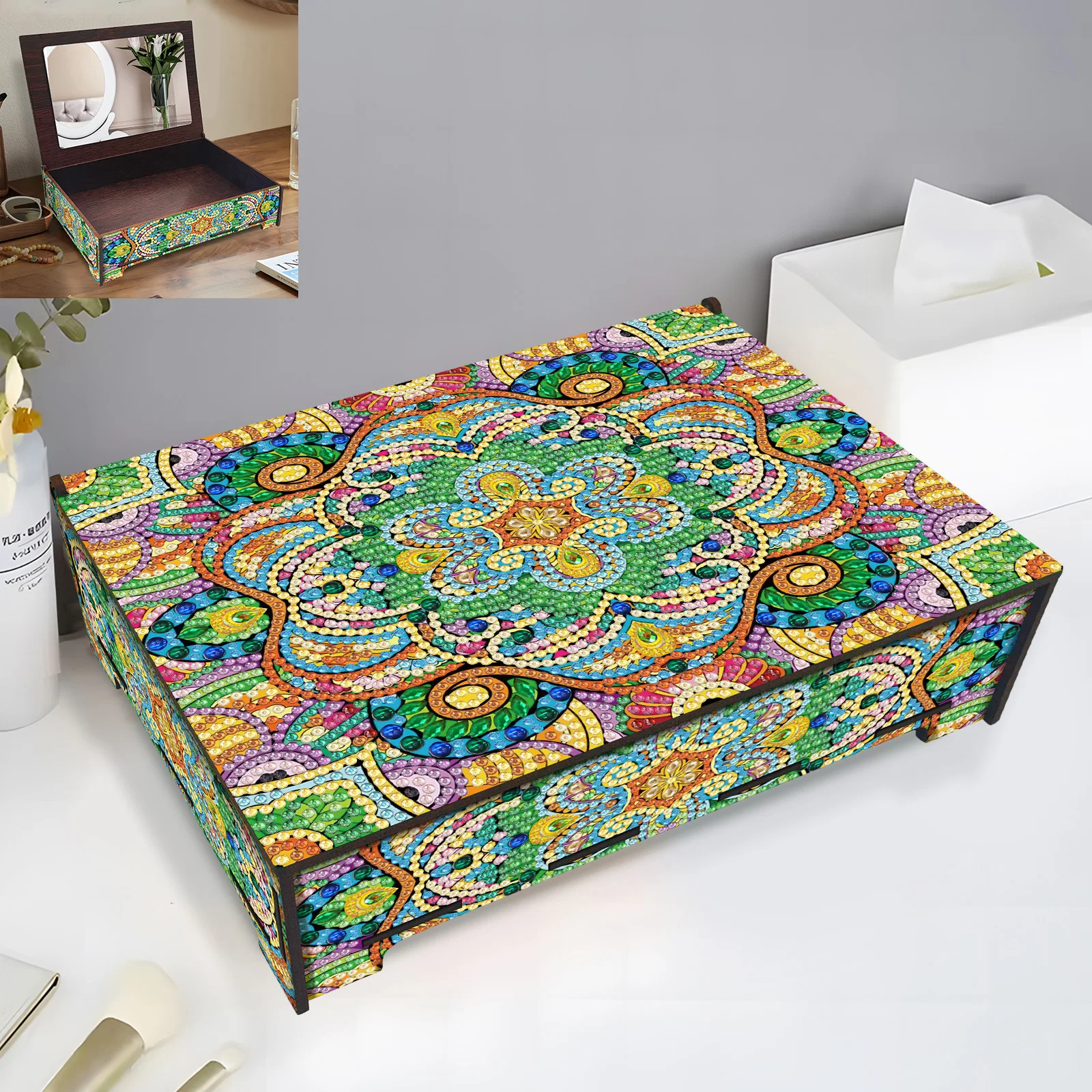 

Diamond Painted Mandala Wooden Storage Box, Diy Mosaic Cross Stitch Kit Multifunctional Gift Box, Gift Packaging Jewelry Box