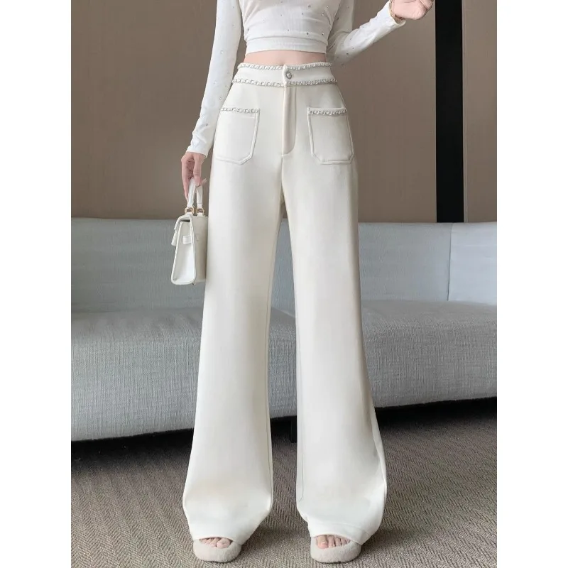 Women Off White Narrow Wool Wide Leg Pants Fleece Lined High Waist Straight Casual Trousers Autumn Winter