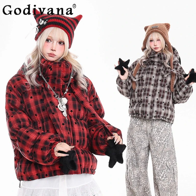 

Retro Y2K Plaid Pattern Short Cotton Jacket for Women Winter Casual Hooded Cotton Parkas Female Japanese Style Red Coat