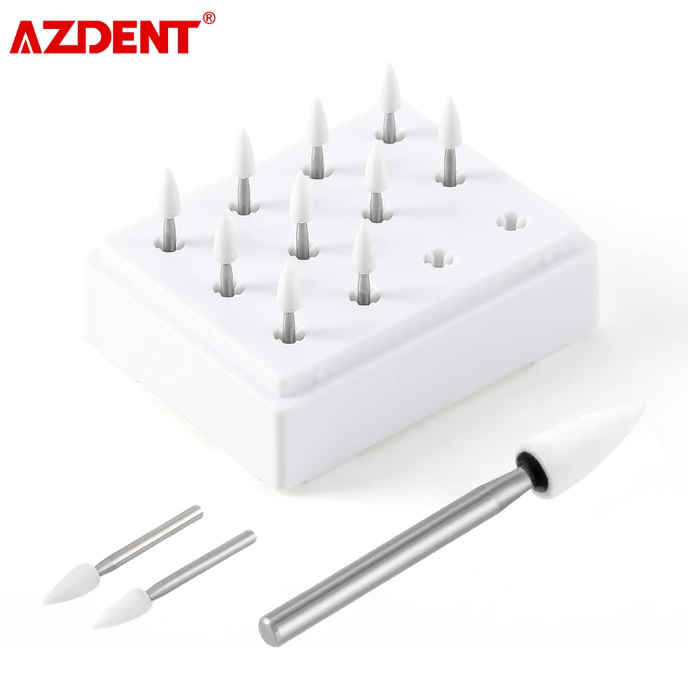 AZDENT 12pcs/Box Dental White Stone Polishing FG Burs Cone/Flame/Round Pointed Head Shape Abrasive Bur Fit for Contra Angle