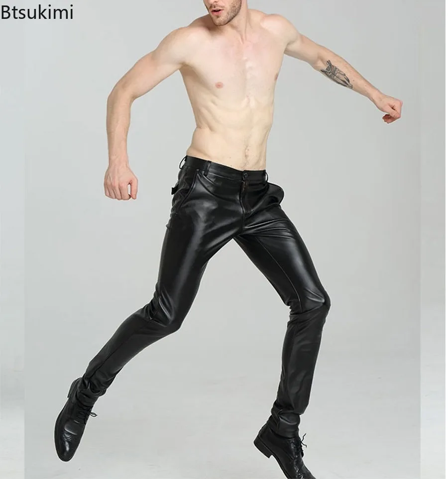 

Spring Autumn Fashion Men's PU Leather Pants Vintage High Stretch Slim Fit Trousers Male Casual Solid Motorcycle Leather Pants