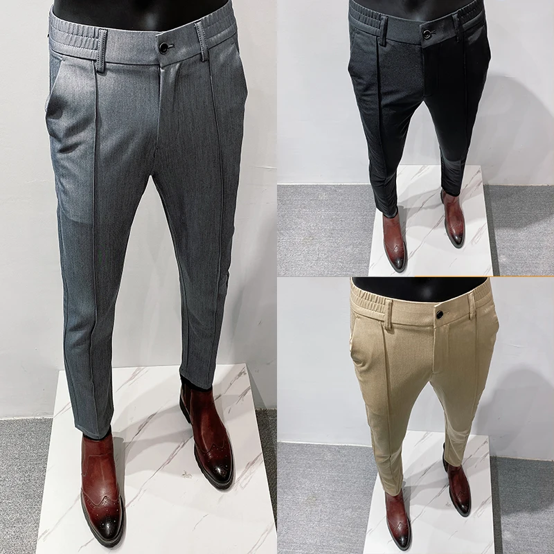 양복 바지 Men Pants Casual High Stretch Straight Pants Classic Gray Brand Thin Business Solid Color Formal Office Men Dress Trousers