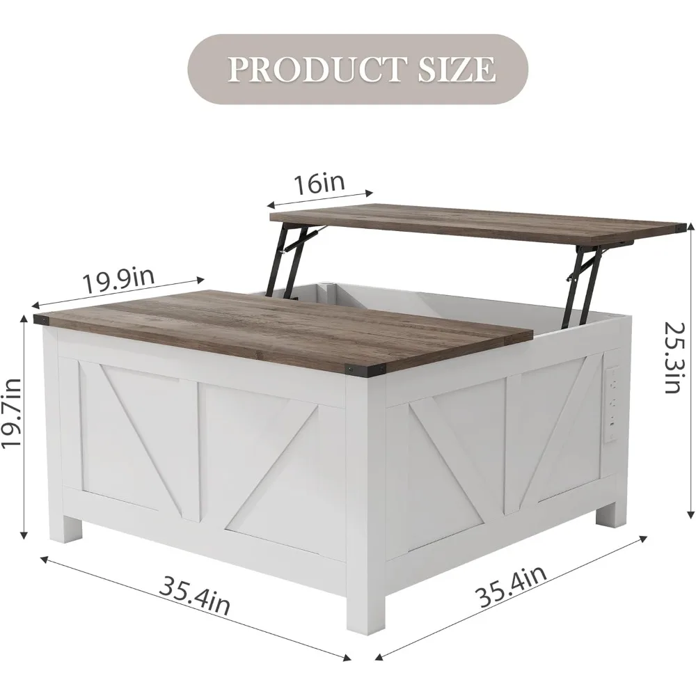 طاولة قهوة المزرعة مع سطح رفع مع منظم تخزين مخفي، طاولة قهوة مربعة الشكل لغرفة المعيشة مع شاحن #2