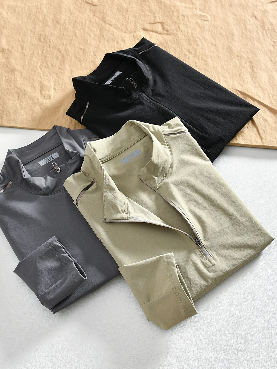 

High-End Outdoor Men's Long Sleeve T-Shirt Zip-Up Collar Quick-Dry Breathable Water-Resistant Standard Fit Fashion Urban Style