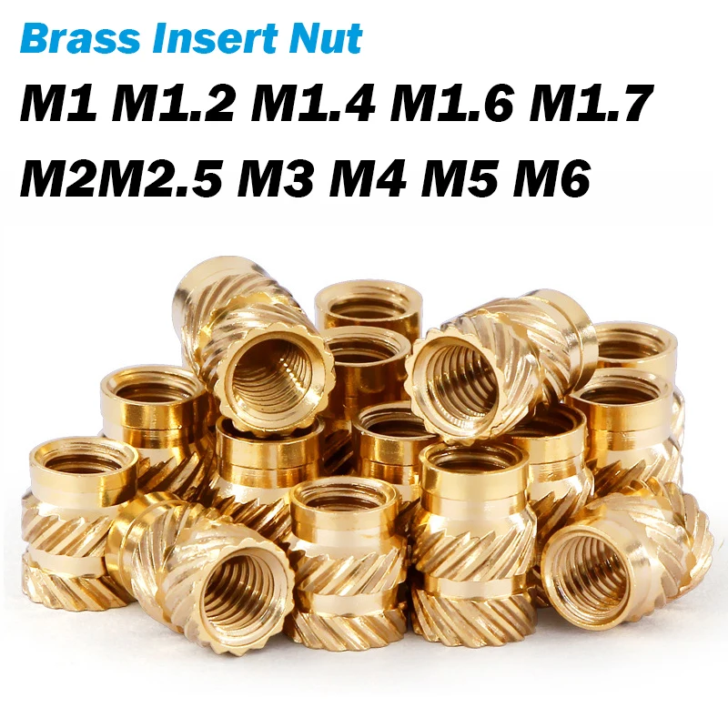 Tuerca de inserción de latón térmico M1 M1.4 M1.6 M2 M2.5 M3 M4 M5 M8, tuerca de rosca moleteada, moldeo por inyección termofusible, tuerca de impresora 3d integrada