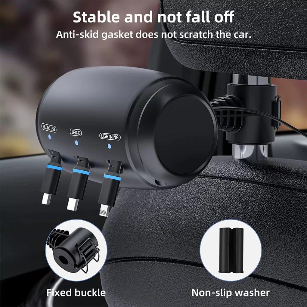 3 in 1 Retractable Car Charger Shrinkage Cable Fast Charging Station Box Phones Multi Port Adapter Headrest Backseat Holder