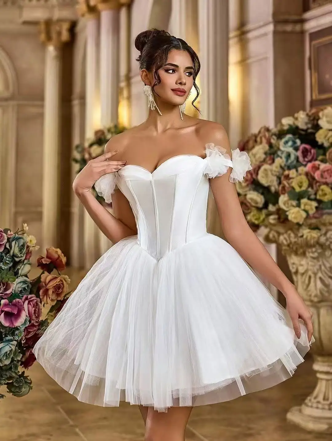 

Sevintage 2025 Ivory Satin Tulle Off Shoulder Short Wedding Dress Ball Gown Mini Bridal Gowns Customized Vestidos De Novia