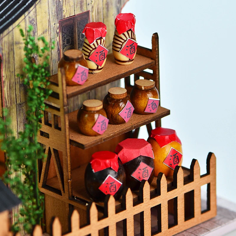 DIY Wooden Chinese Ancient Inn Doll Houses Miniature Doll Houses with Furniture Light Hotel Cottage for Friends Birthday Gifts