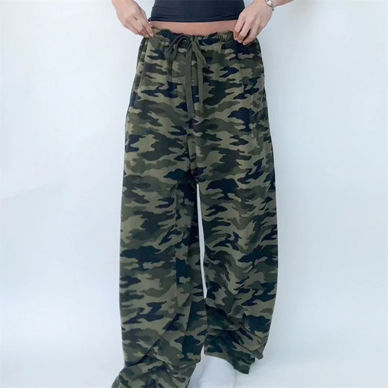 Y2K Women Camouflage Print Long Pants Low Waist Lace-up Wide Leg Pants Loose Casual Trousers Streetwear 2025 Bottoms