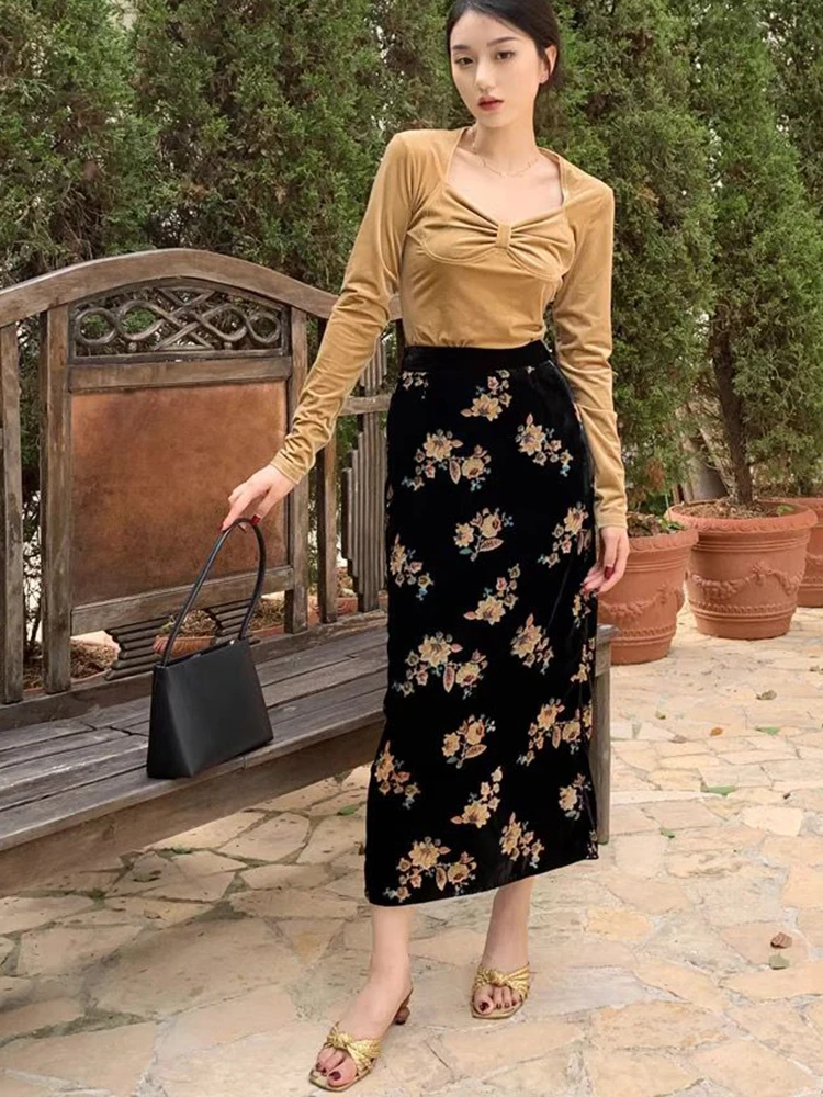 Korean Fashion Golden Velvet Autumn Winter Long Skirt Women High Waist A-Line Elegant Vintage Midi Skirts Print Female Ladies