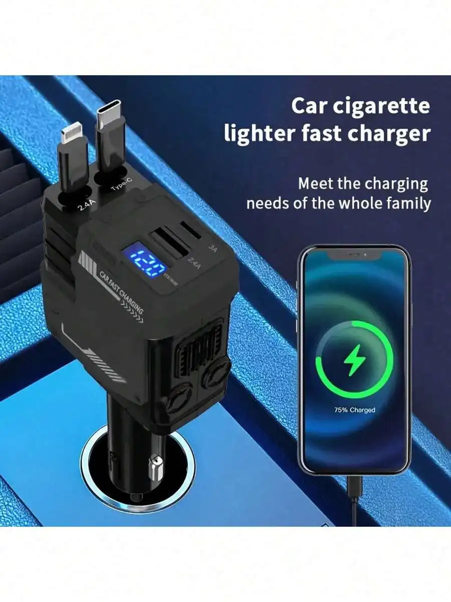 

4-In-1 Retractable Car Charger With USB-C And Lightning Cables Dual Ports Fast Charging For iPhone Galaxy