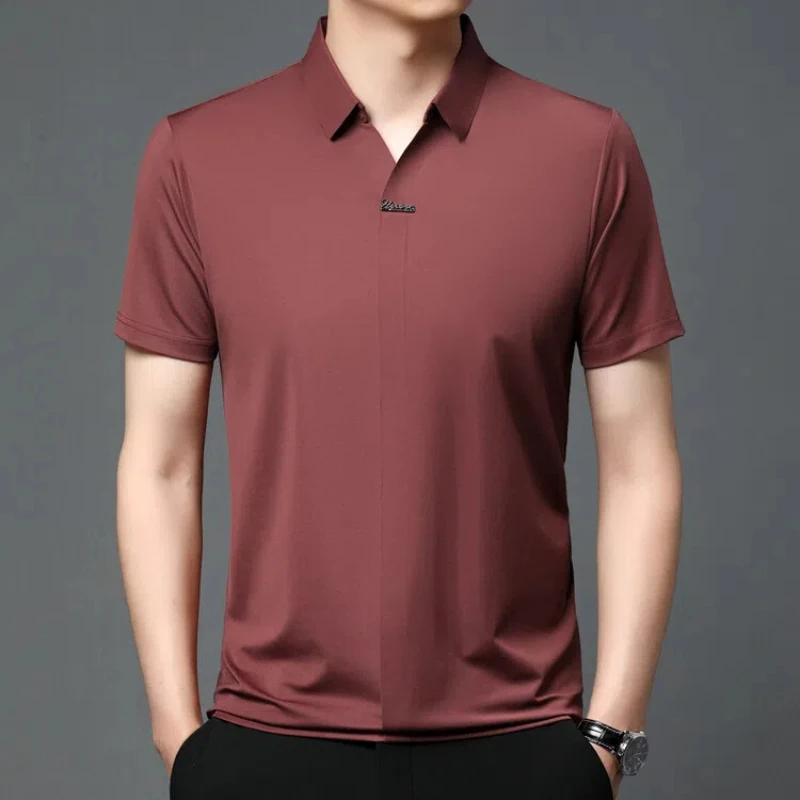 Smart Casual Summer Polo Shirts Men\'s Turn-down Collar Solid Color Thin Style Ice Silk Trend Versatile Slim Short Sleeve Tops