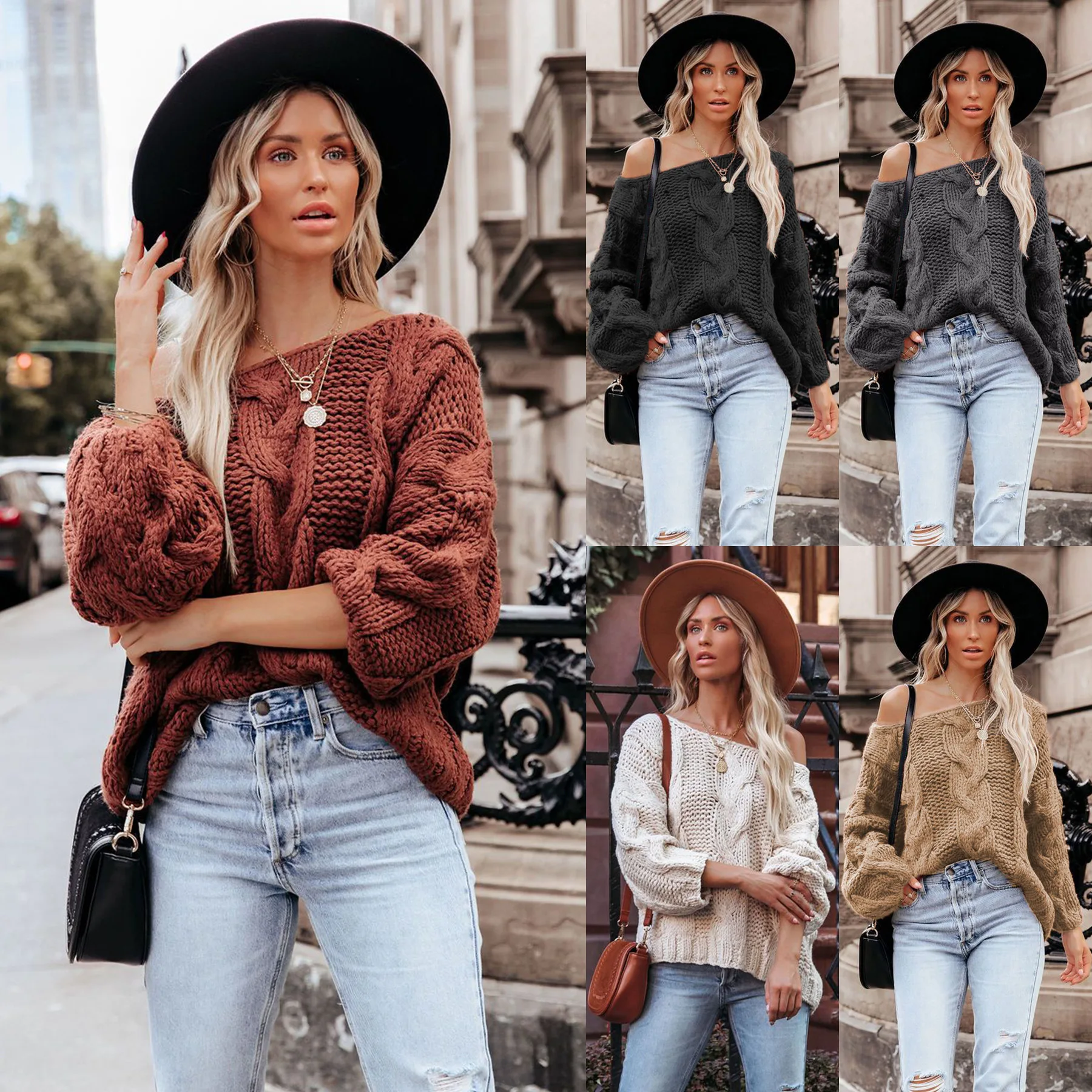 

Women Off Shoulder Sweater Long Sleeve Cardigan Y2k Tops Autumn Winter Khaki Knitted Sweaters Spring Top Jumpers Pullovers Maxi