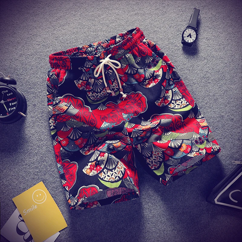 夏用薄手通気性カジュアルメンズリネンビーチショーツパンツ、ルーズフィット、若々しいスタイル、ローウエスト、五分丈ストレートレッグ