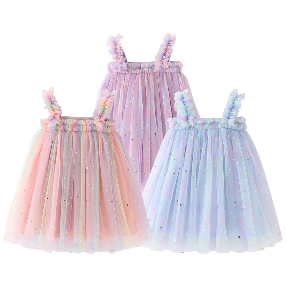 Girls Dress Sparkling Sequin Star Rainbow Strap Tulle Skirt Puffy Princess Dress for Baby's Celebrations Girls Casual Dresses