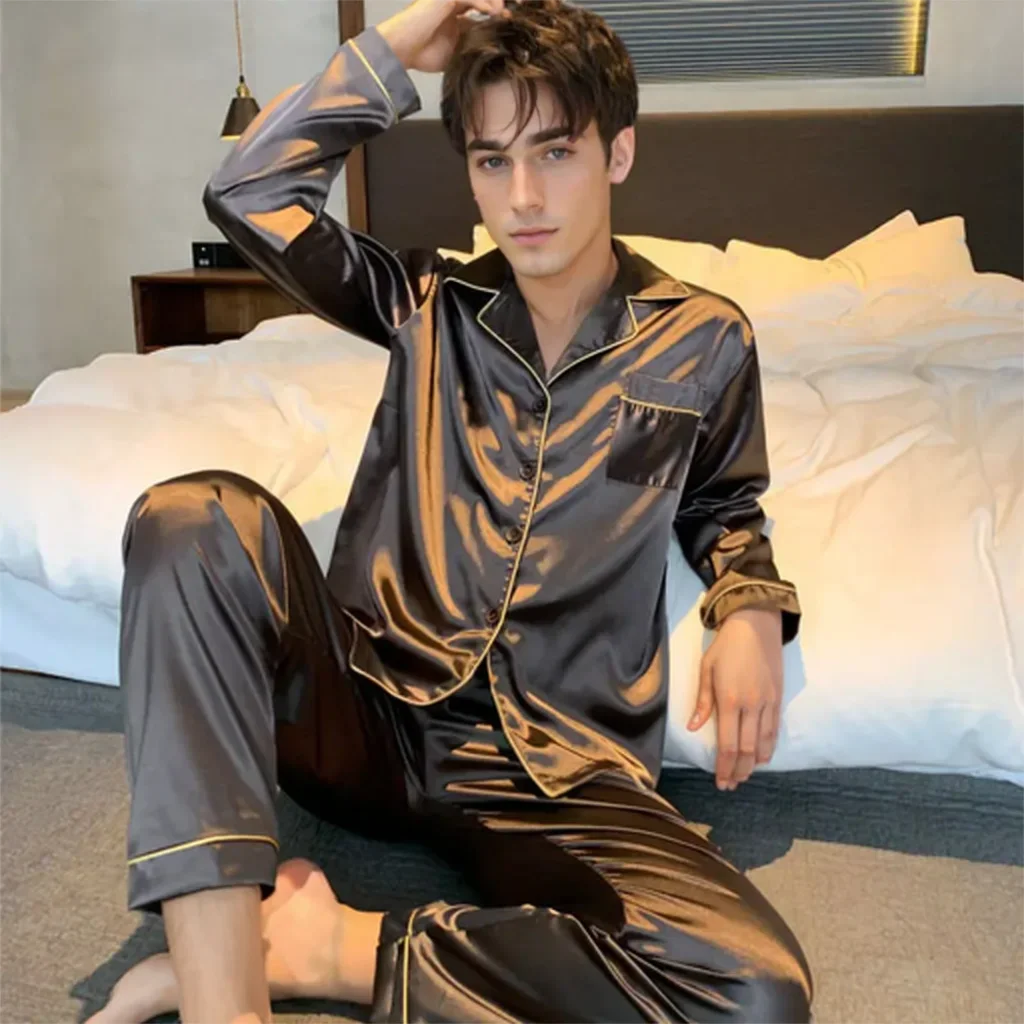 Men Pajama Sets Microfiber Sleepwear For Sleeping Man Shirt Silk Long Sleeve Pyjamas Male Home Night Wear Big size Loungewear