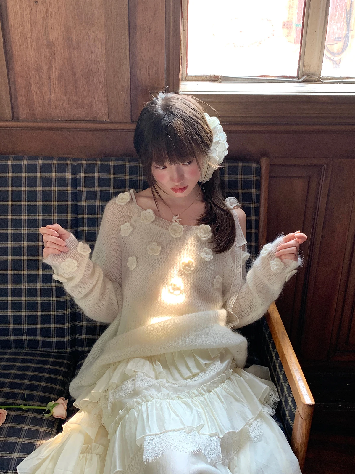 

Вязаный свитер с длинными рукавами Sweet Tea Rose, ажурный, свободного кроя, из полиэфирного волокна, в стиле принцессы, повседневная одежда