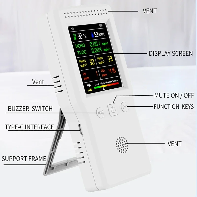 

9 In 1 PM2.5 PM10 CO2 Meters Air Quality Detector Temperature Humidity HCHO TVOC CO CO2 AQI Backlight LCD Display
