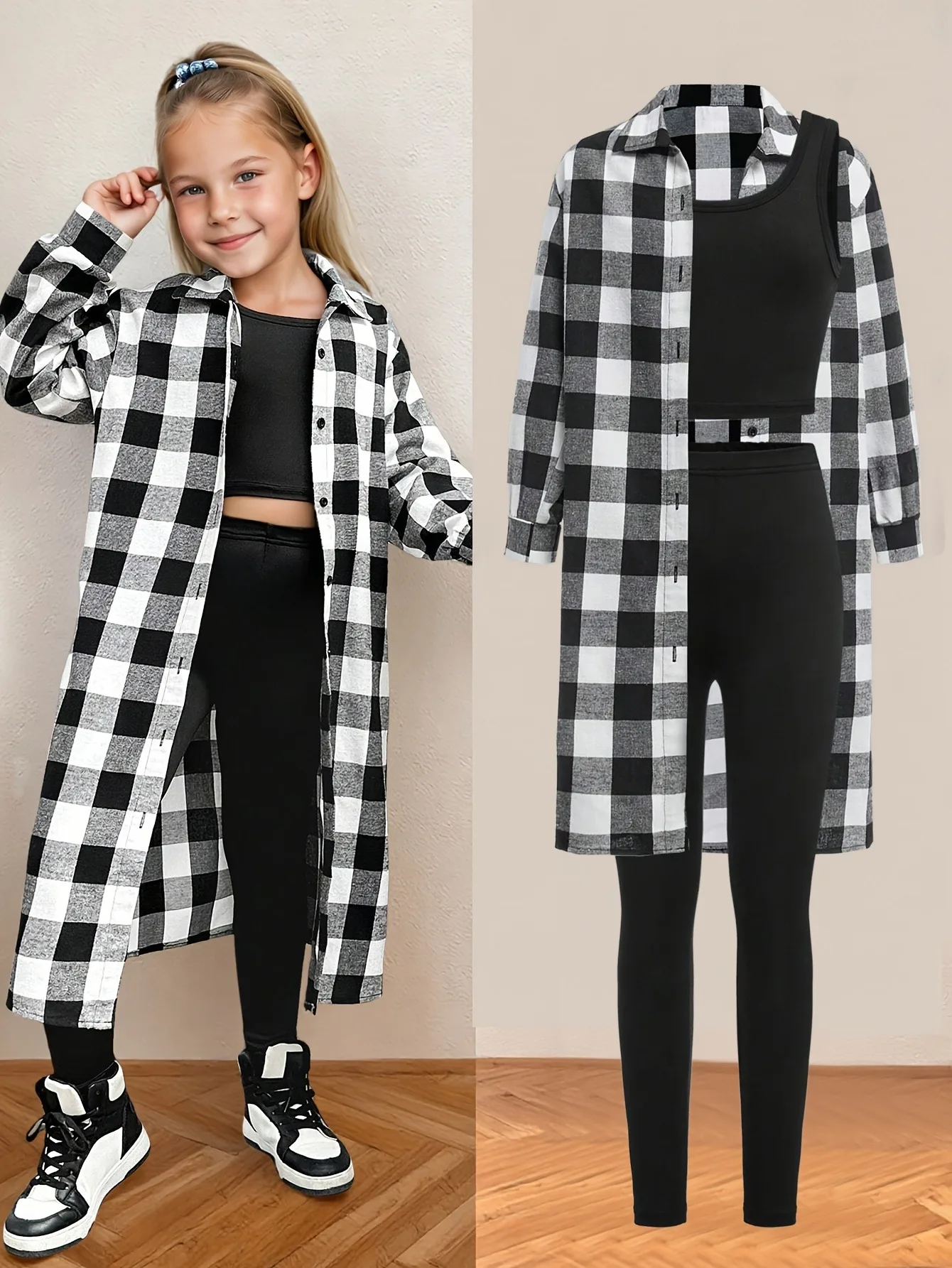 Comfy Kids Girls 3-Piece Set, Soft Breathable Plaid Shirt + Tank Top & Leggings for All-Day Play & Outdoor Activities