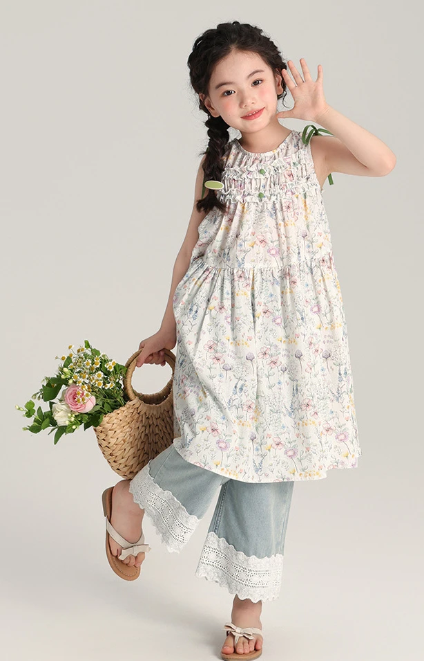 Girl Dress 2024 Summer New Korean Style Girls Floral Skirt Small Fresh Elegant Style Baby Girl Dress Light Sundress Skirts