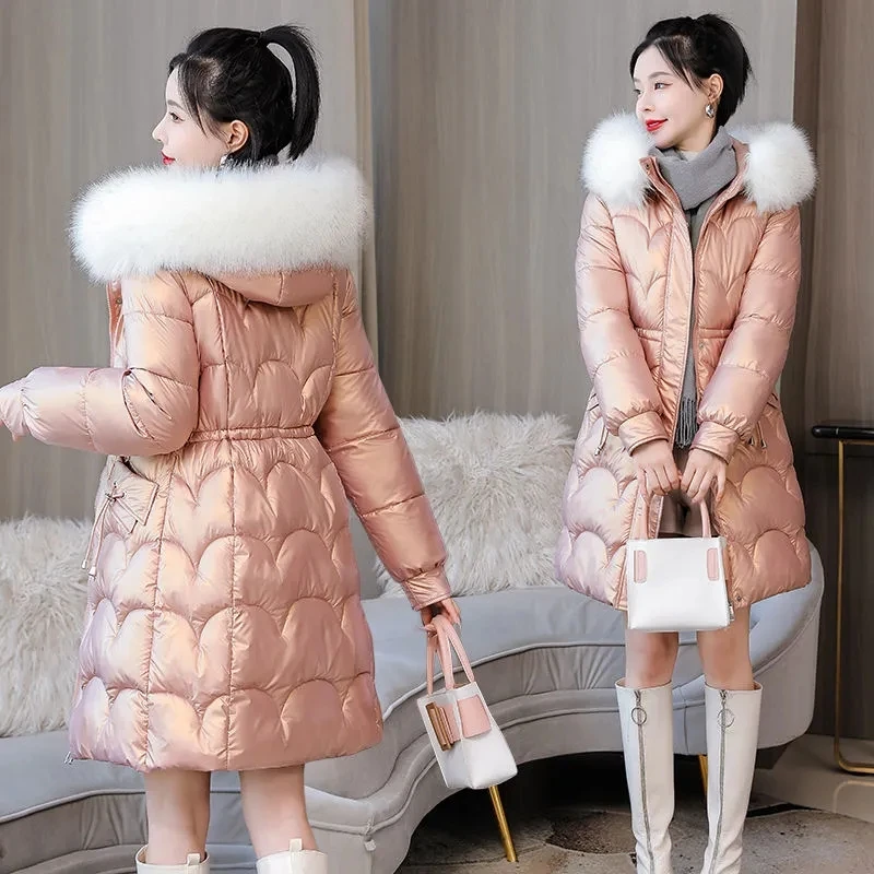 Imagem -02 - Parka Longa Impermeável para Mulheres Cabolsa Grosso Sobretudo Brilhante Cabolsa de Algodão Quente Solto Parka com Capuz de Inverno Novo 2023