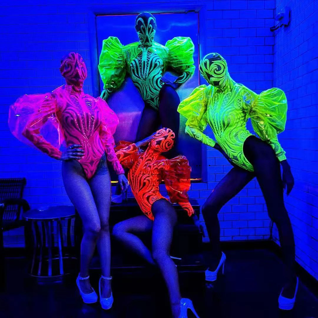 Fluorescent Color Gogo Dancing Performance Stage Costume Puff Sleeve Bodysuit Nightclub Festival Wear DJ Dancer Clothing