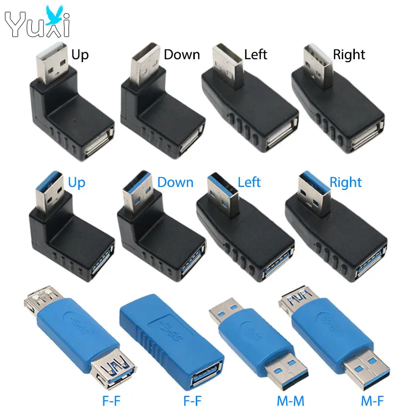 YuXi USB 2.0 3.0 Male To Female 90/180 Degree Up Down Left Right Angled Extension Connector Adapter for Laptop PC