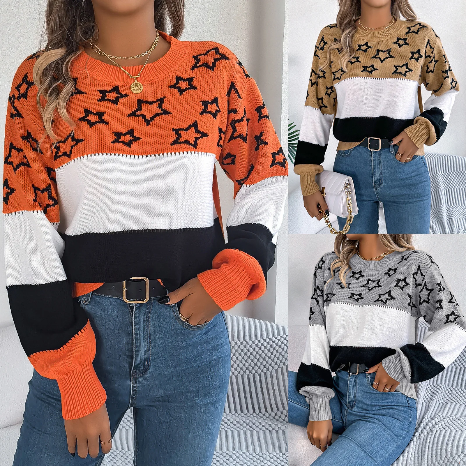 

knitted Autumn And Winter Women Sweaters Casual Color Blocked Star Patchwork Hollow Lantern Sleeve Pullover Sweaters Fall Tops