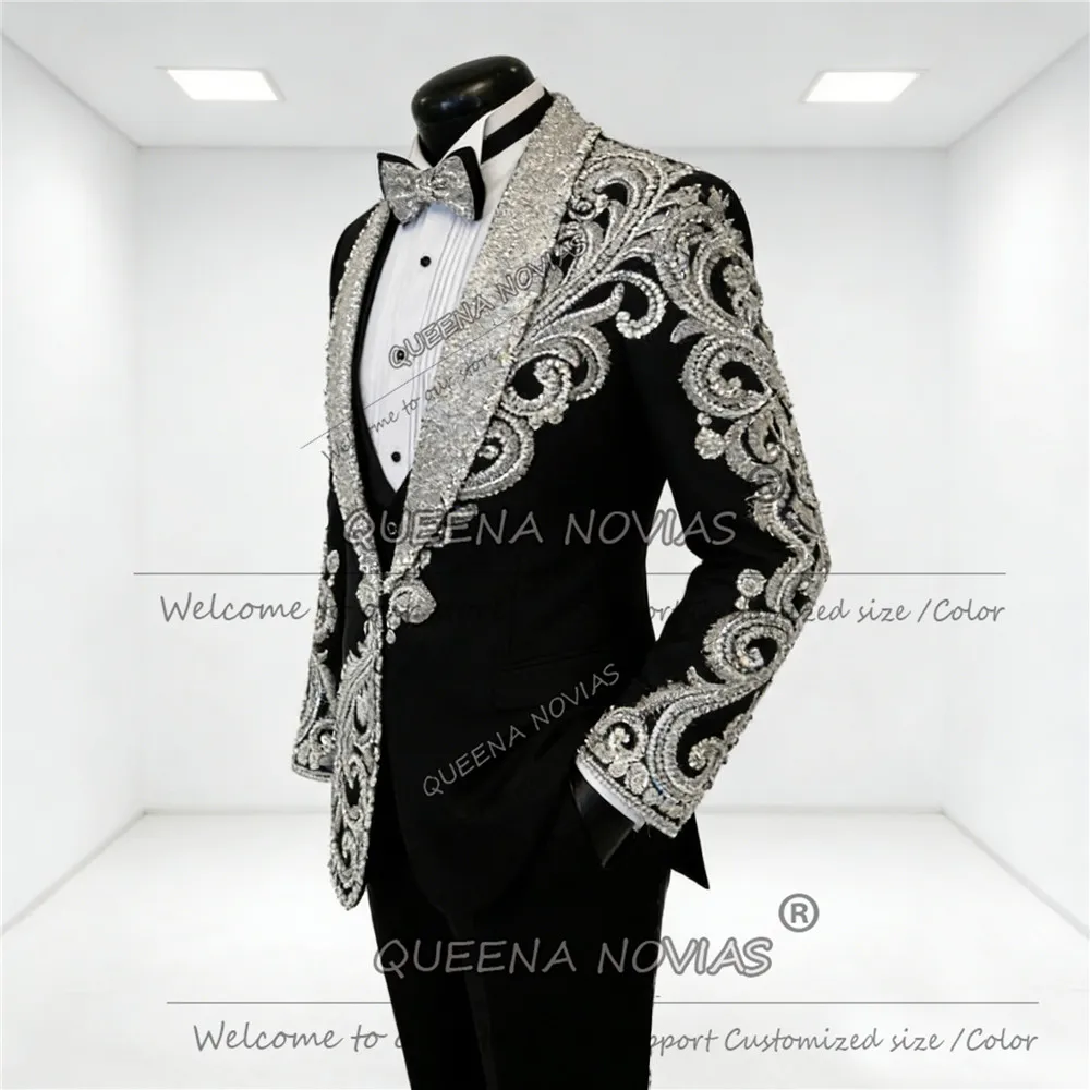 

Fashion Jewelry Stones Suit Men 3 Piece Set Sparkly Sequins Label Prom Blazers Customized Groom Wedding Tuxedo Beads Man Outfits