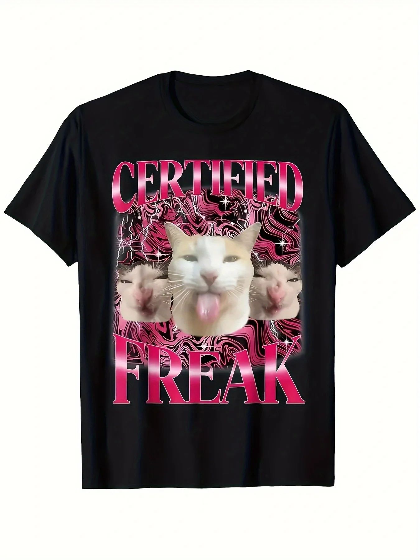 Certified Freak Funny Cat Meme T-Shirt - Bright Pink Pattern Design, Regular Fit, Short Sleeve, , Suitable for Teens And Adults Casual Wear, Sports Shirt Meme-Inspired Fashion Durable Casual Wear