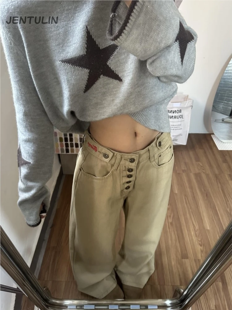 American Retro Embroidery Khaki Wide Leg Loose Women Jeans High Waist Slim Button Design Sense Knife Ladies Trousers Denim Pants