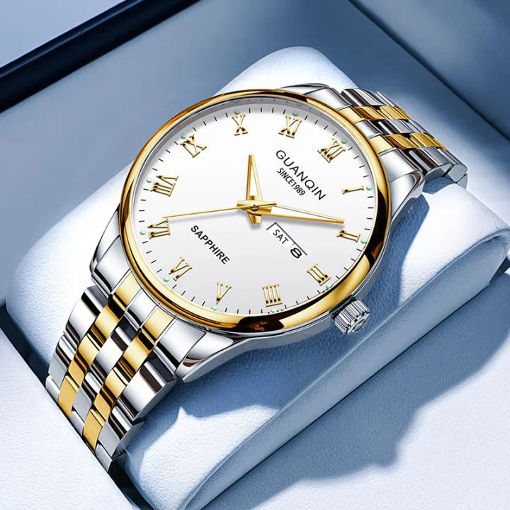 

GUANQIN мужские роскошные кварцевые часы из нержавеющей стали с календарем недели для отдыха светящиеся водонепроницаемые наручные часы премиум-класса для мужчин подарки